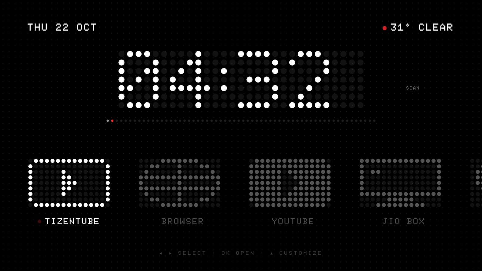 Dot-matrix home screen with clock, weather and app tiles